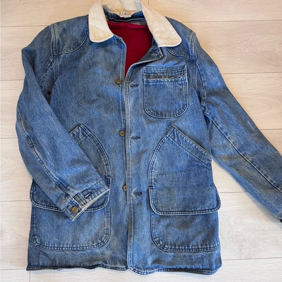 Vintage L.L. Bean Distressed Denim Chore Coat Barn Jacket Removable Wool Lining - Picture 1 of 13